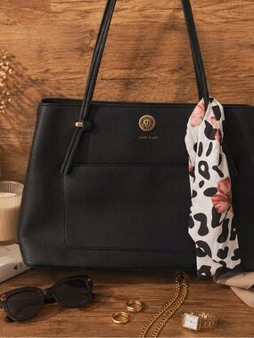 Anne Klein Black Structured Tote Bag |Gold Hardware & Scarf Accent|Chic workwear